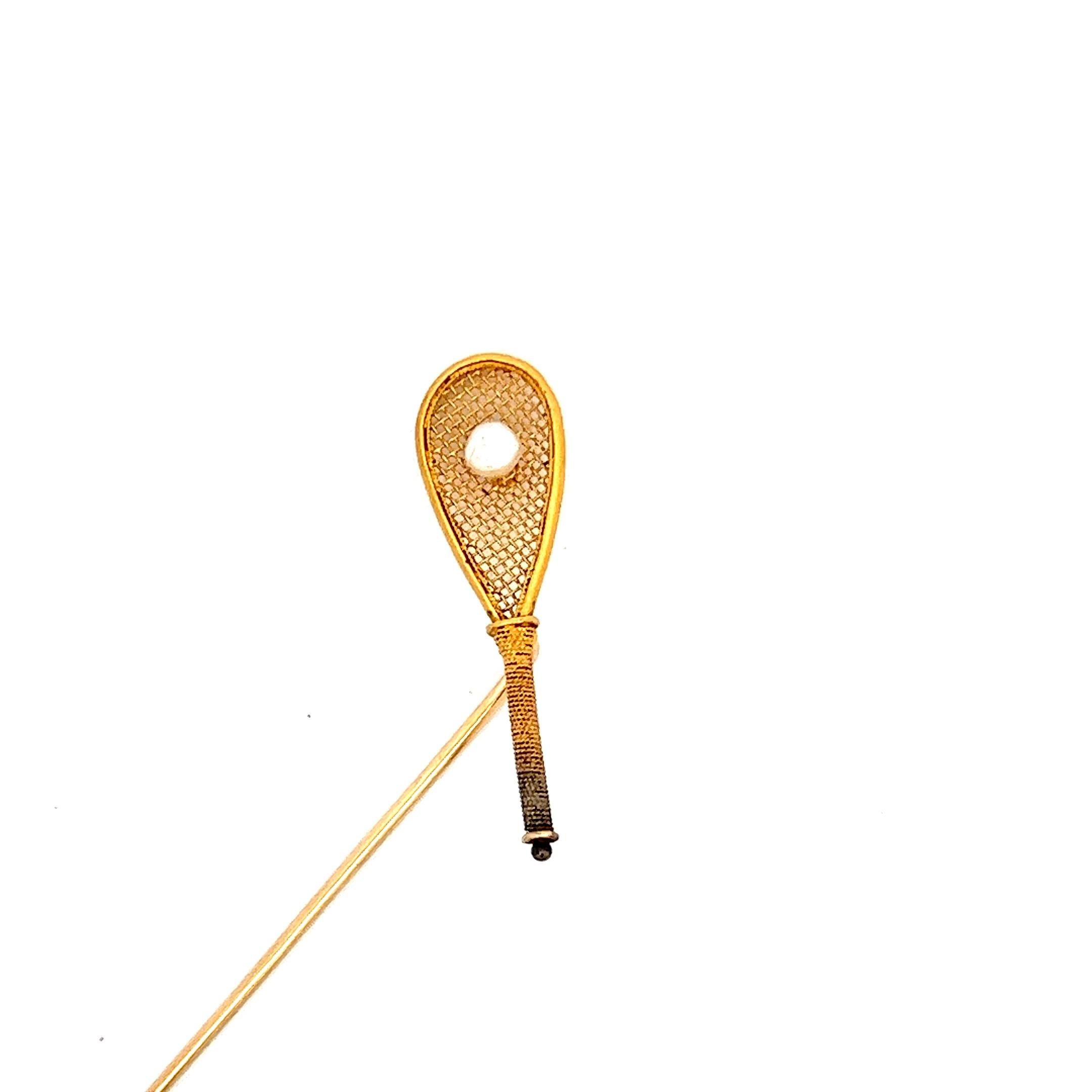 1880 Victorian 18K Yellow Gold Pearl Real Tennis Pin  In Excellent Condition For Sale In Lexington, KY