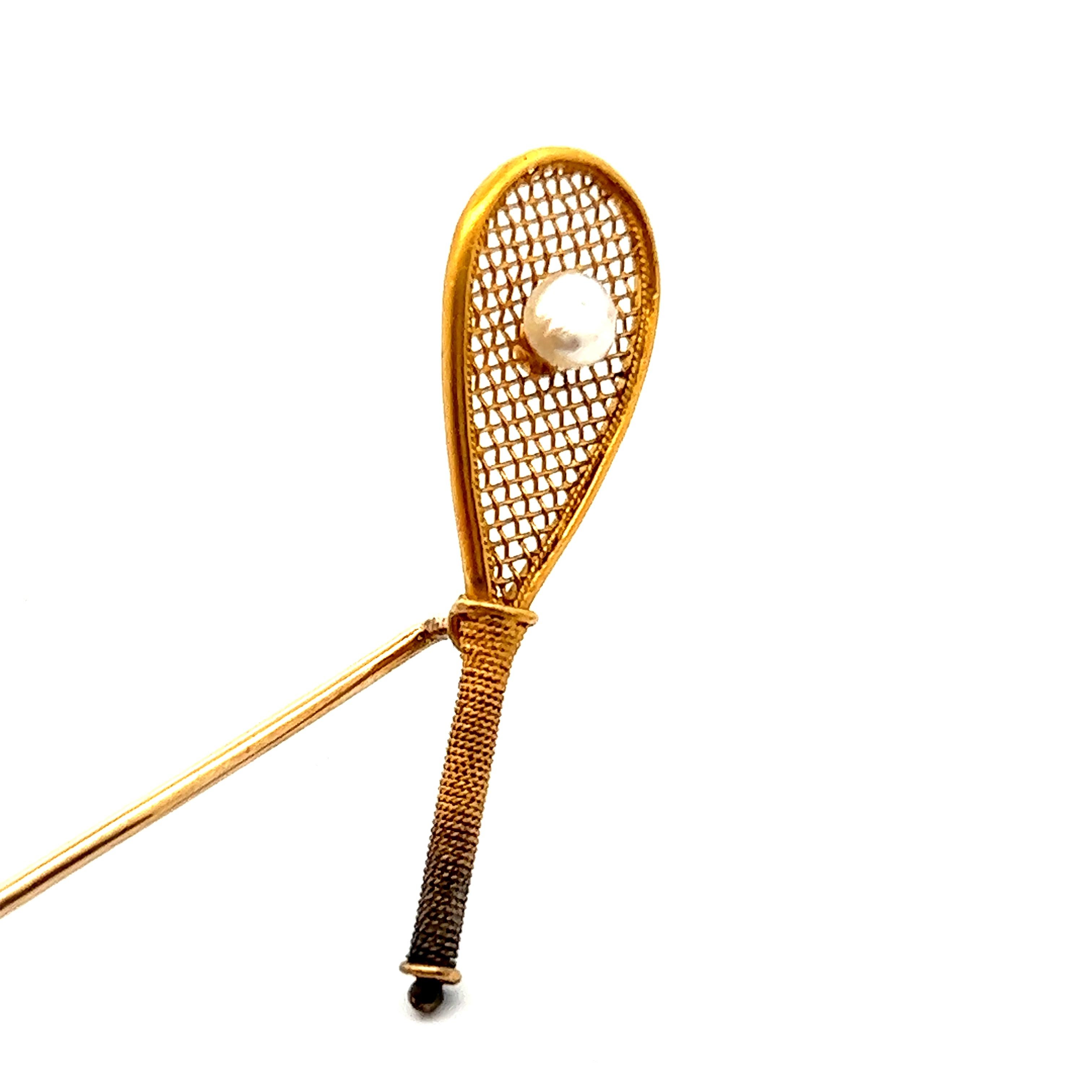 1880 Victorian 18K Yellow Gold Pearl Real Tennis Pin  For Sale 1