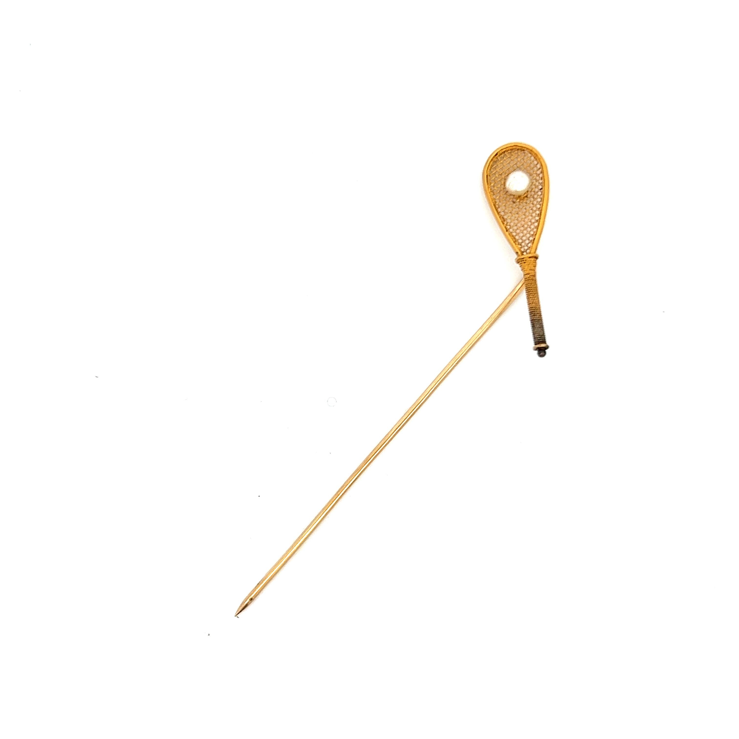 1880 Victorian 18K Yellow Gold Pearl Real Tennis Pin  For Sale 2