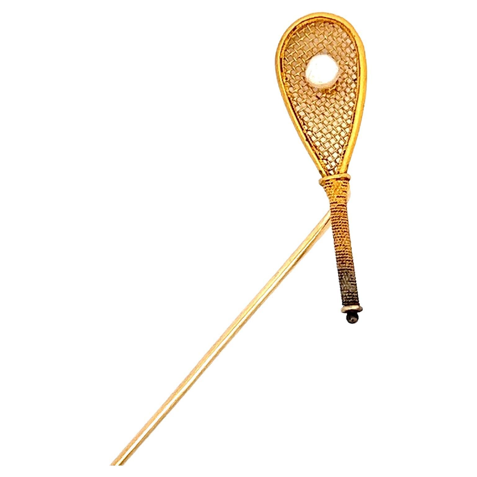 1880 Victorian 18K Yellow Gold Pearl Real Tennis Pin  For Sale