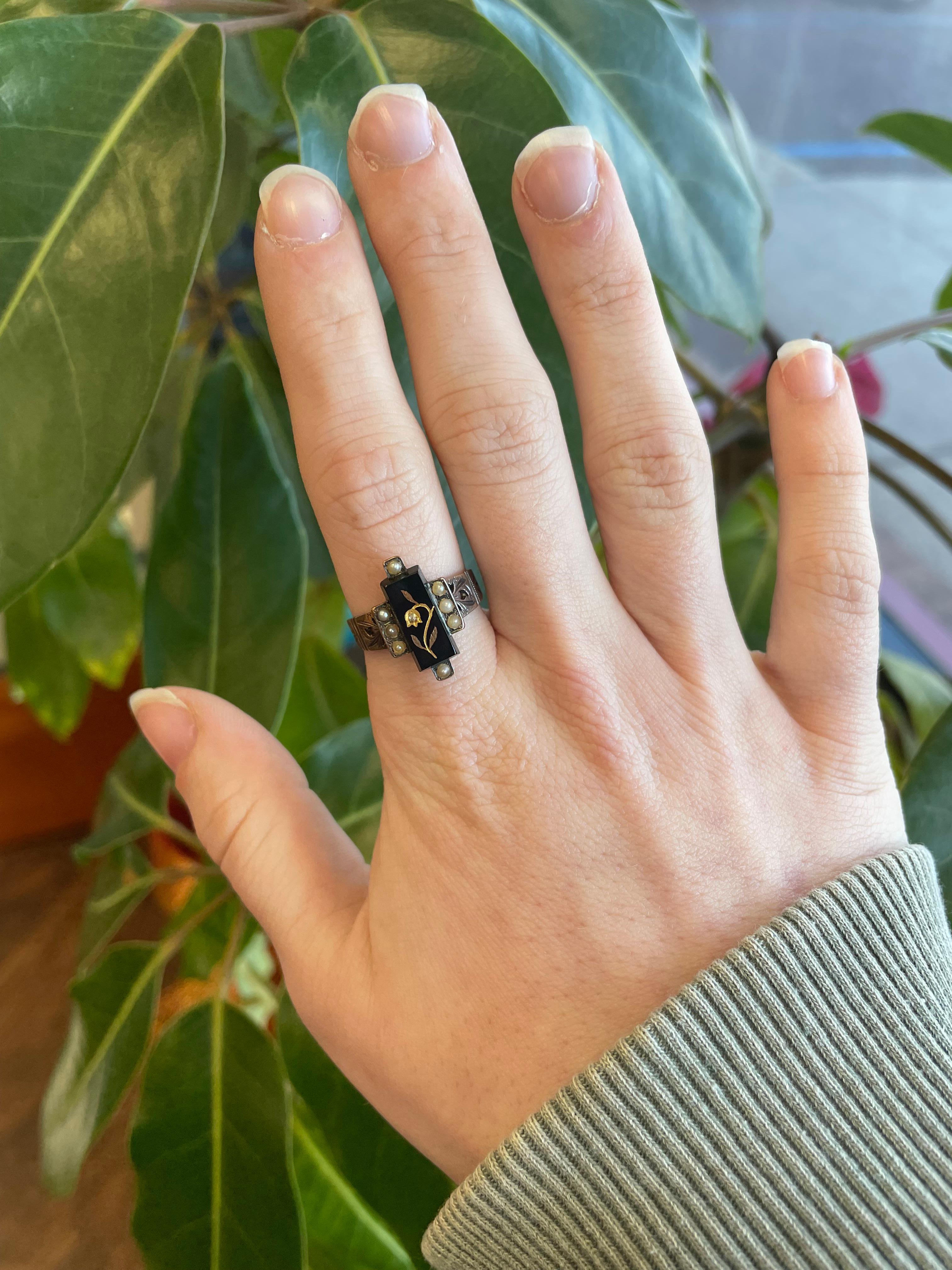 1880 Victorian Black Onyx and Pearl Rose Gold Ring 5