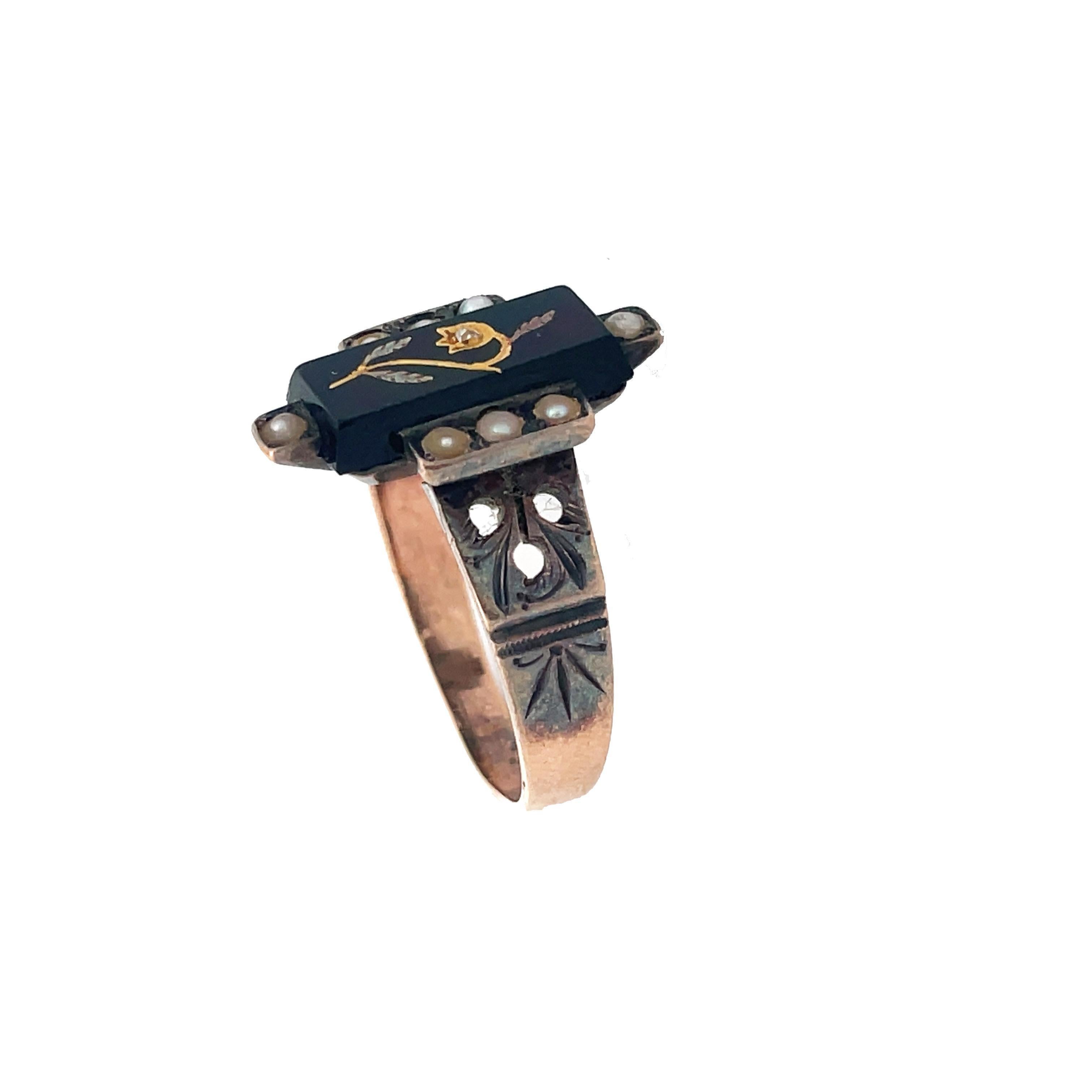 Women's 1880 Victorian Black Onyx and Pearl Rose Gold Ring