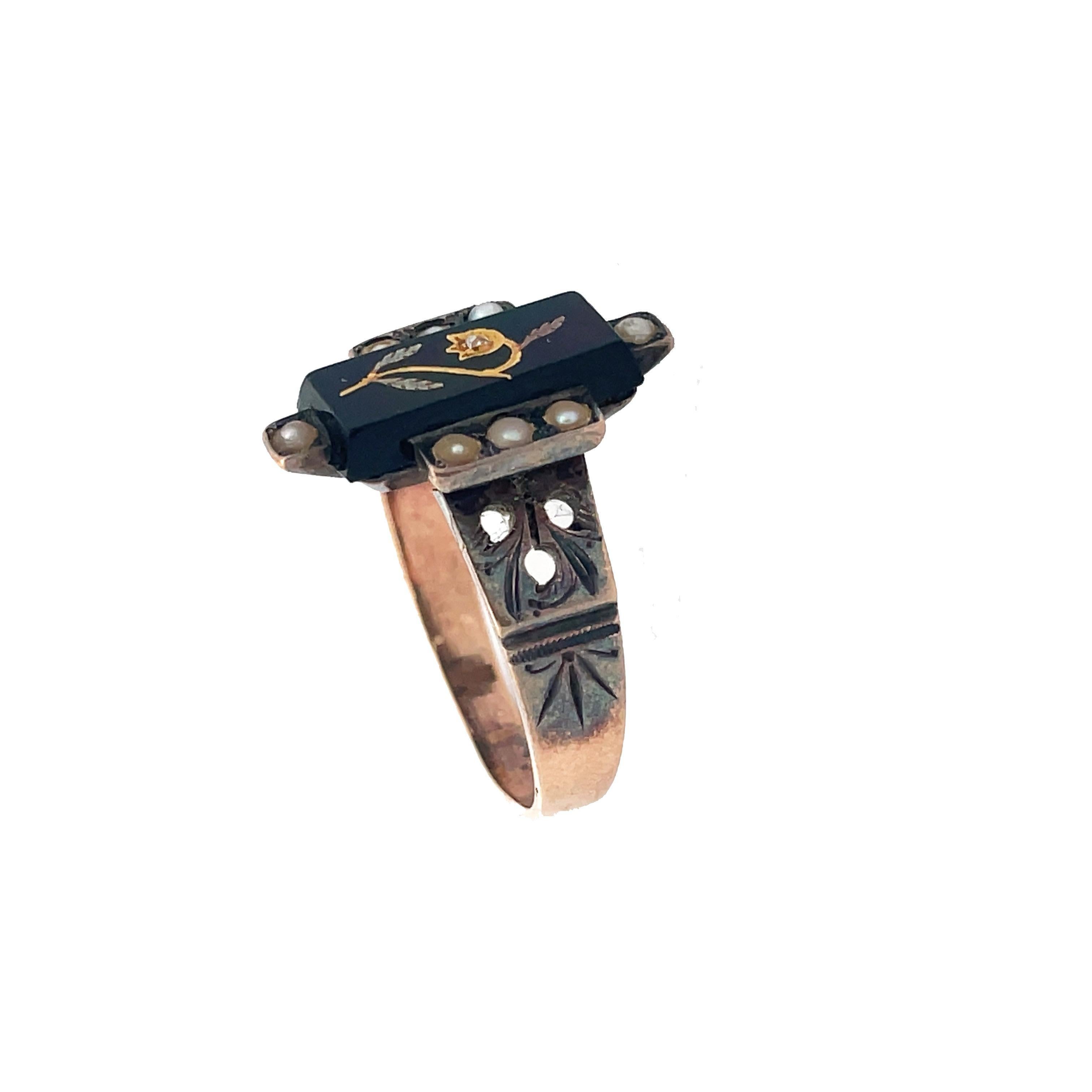 1880 Victorian Black Onyx and Pearl Rose Gold Ring 1