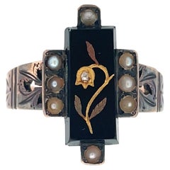 1880 Victorian Black Onyx and Pearl Rose Gold Ring