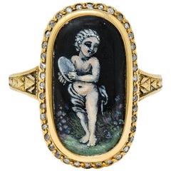 1880 Victorian Diamond Enamel 18 Karat Gold Thalia Muse Painted Portrait Ring