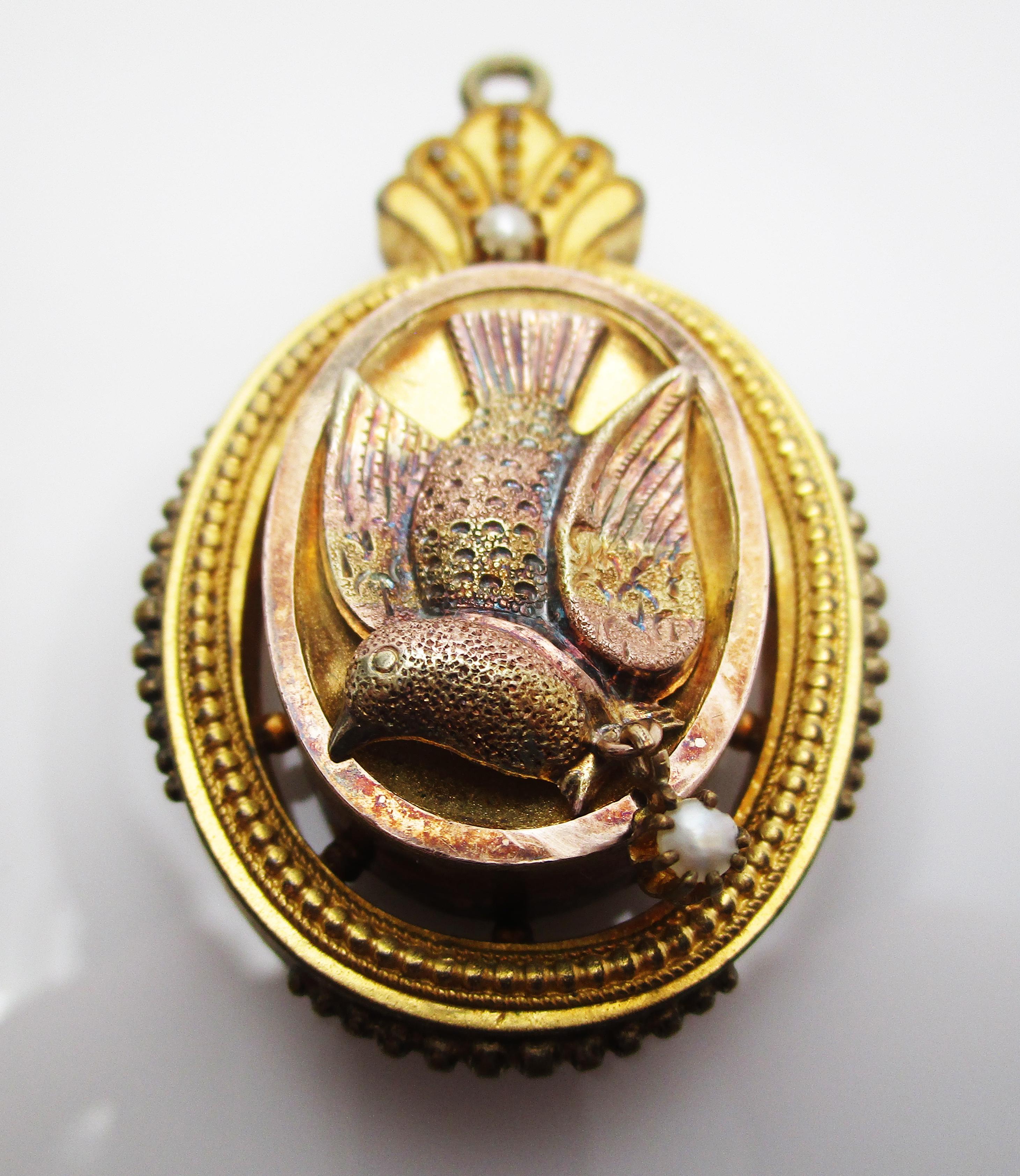 Uncut 1880 Victorian Gold Filled Seed Pearl Dove Locket
