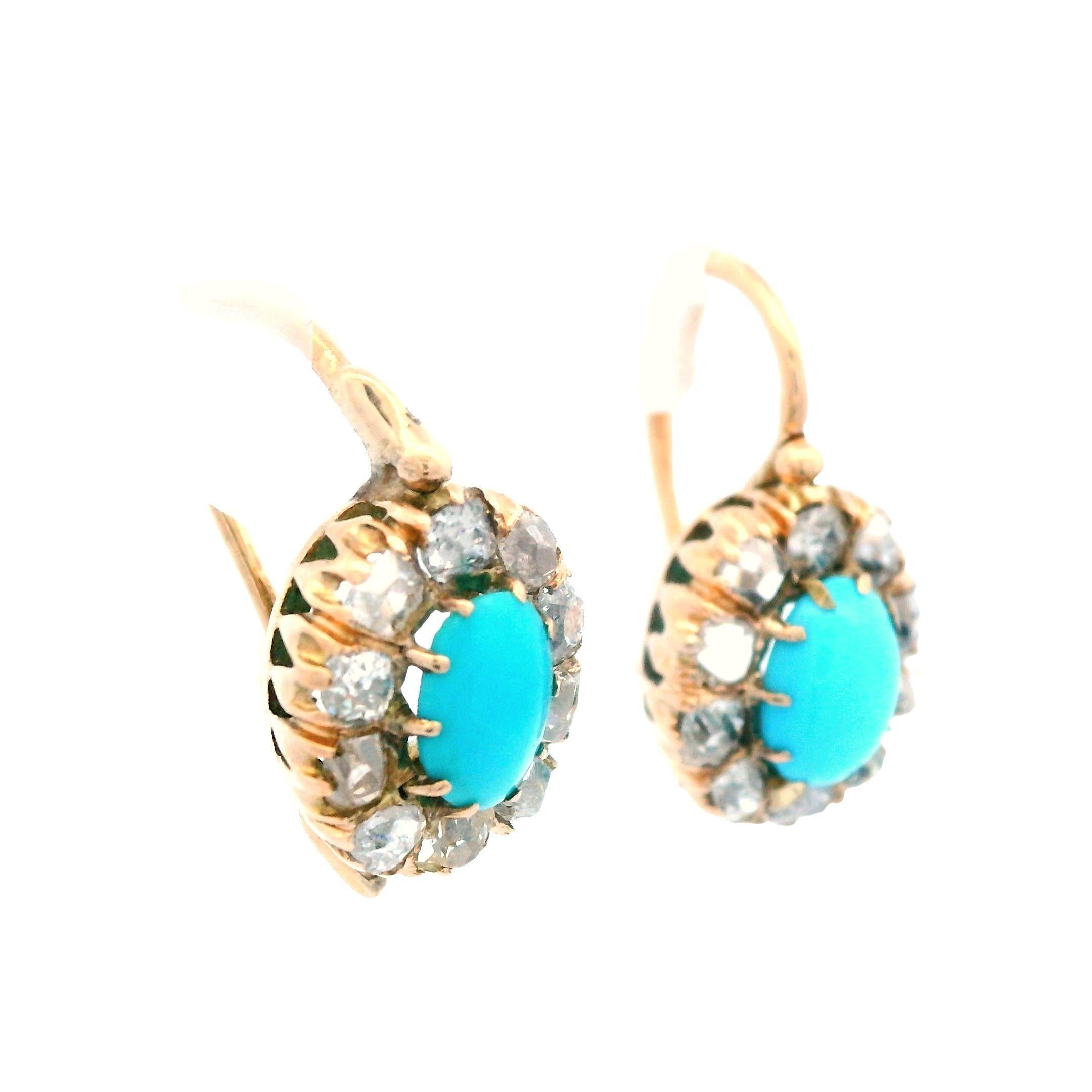 Cabochon 1880 Victorian Russian 14 Karat Gold Turquoise Diamond Drop Earrings