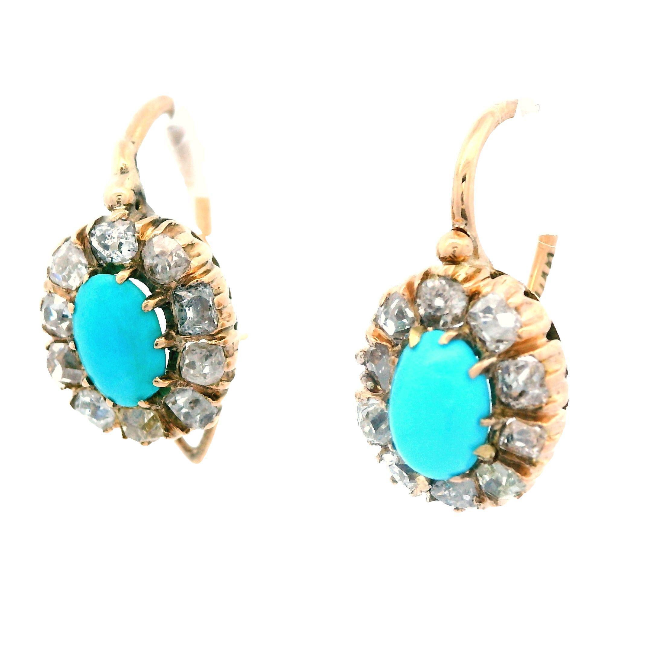 1880 Victorian Russian 14 Karat Gold Turquoise Diamond Drop Earrings In Good Condition In Lexington, KY