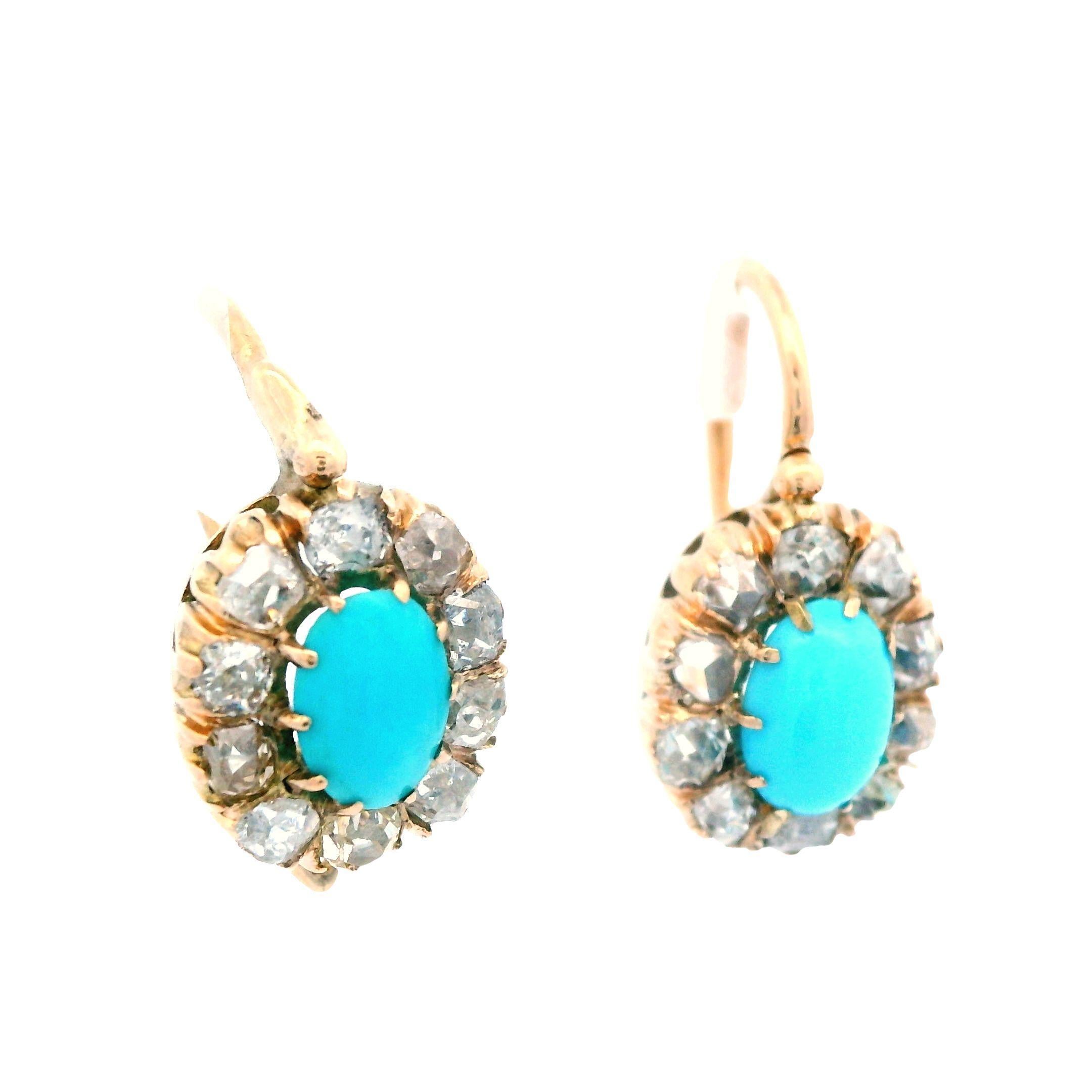 Women's 1880 Victorian Russian 14 Karat Gold Turquoise Diamond Drop Earrings