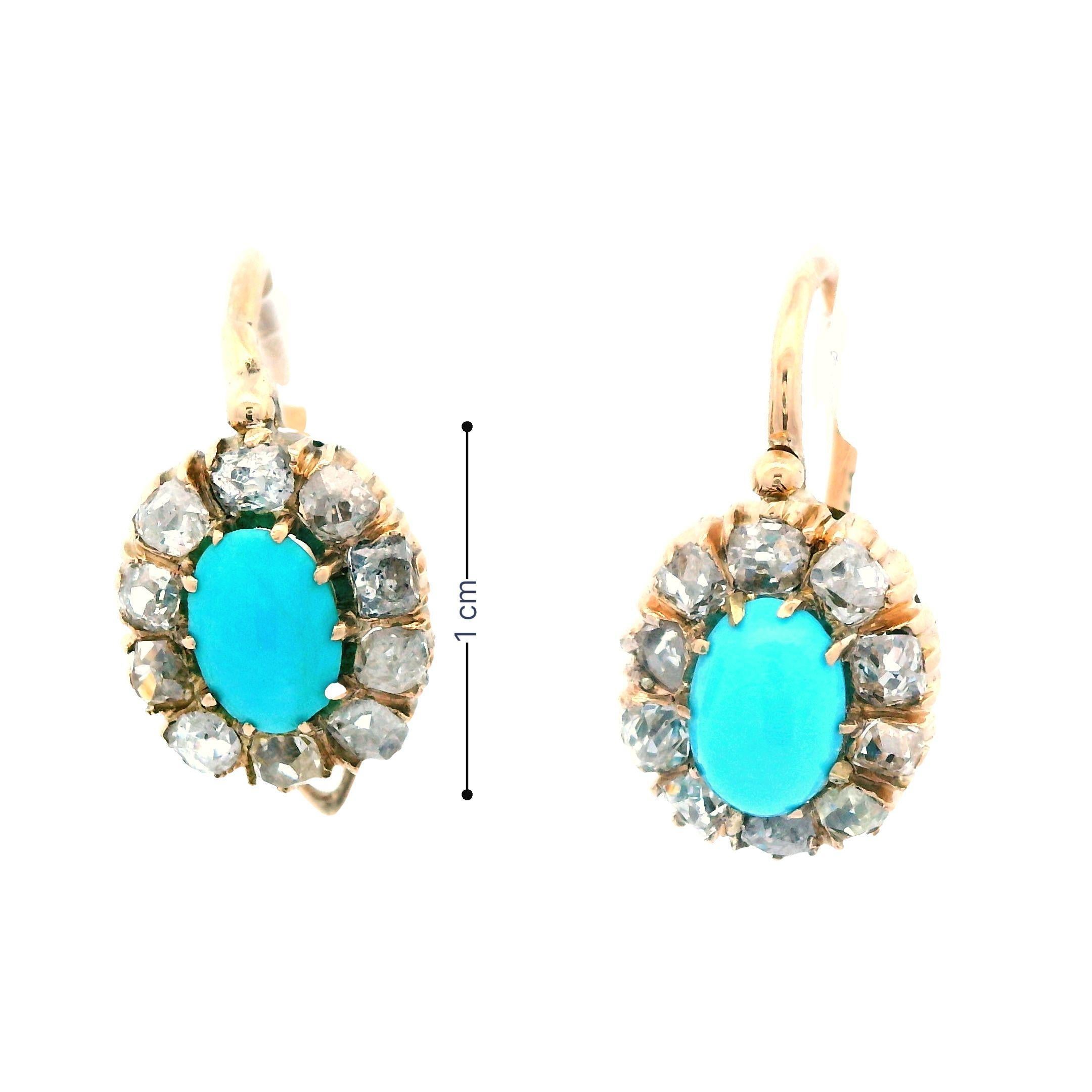 1880 Victorian Russian 14 Karat Gold Turquoise Diamond Drop Earrings 2