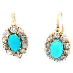 1880 Victorian Russian 14 Karat Gold Turquoise Diamond Drop Earrings