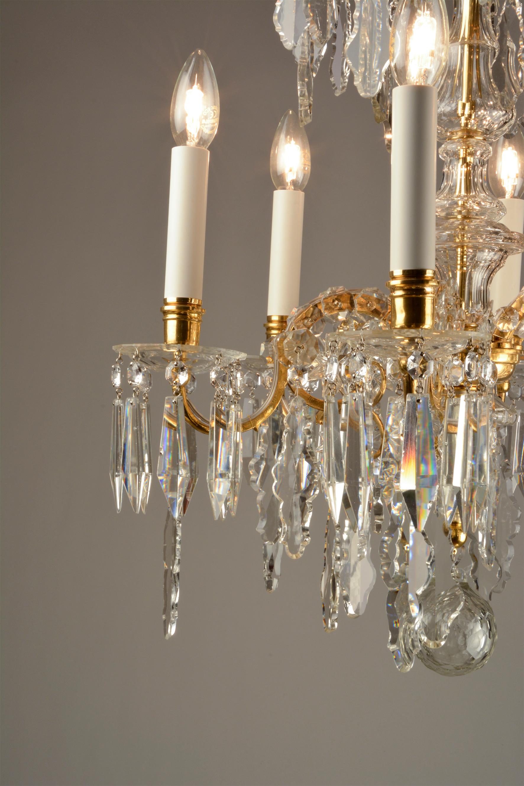 Austrian 1880ies Lobmeyr Six-Arm Polished Antique Gold Chandelier with Hand-Cut Crystal For Sale