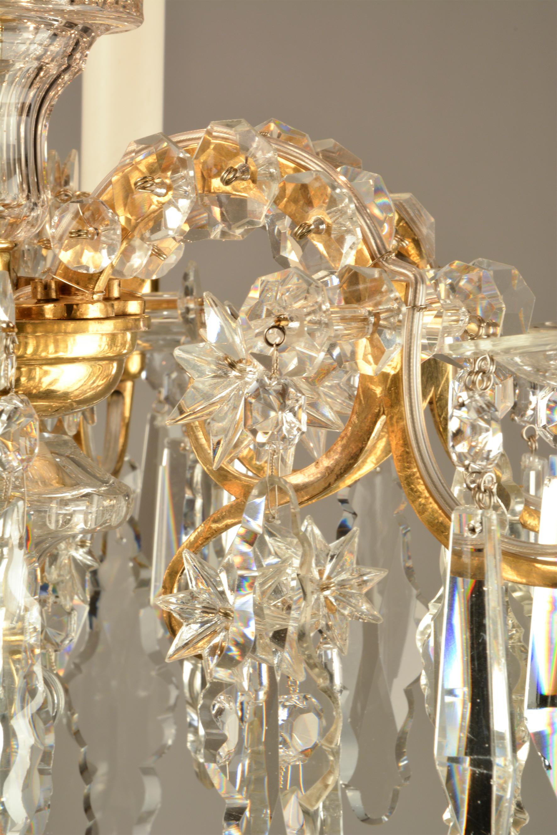 Gilt 1880ies Lobmeyr Six-Arm Polished Antique Gold Chandelier with Hand-Cut Crystal For Sale