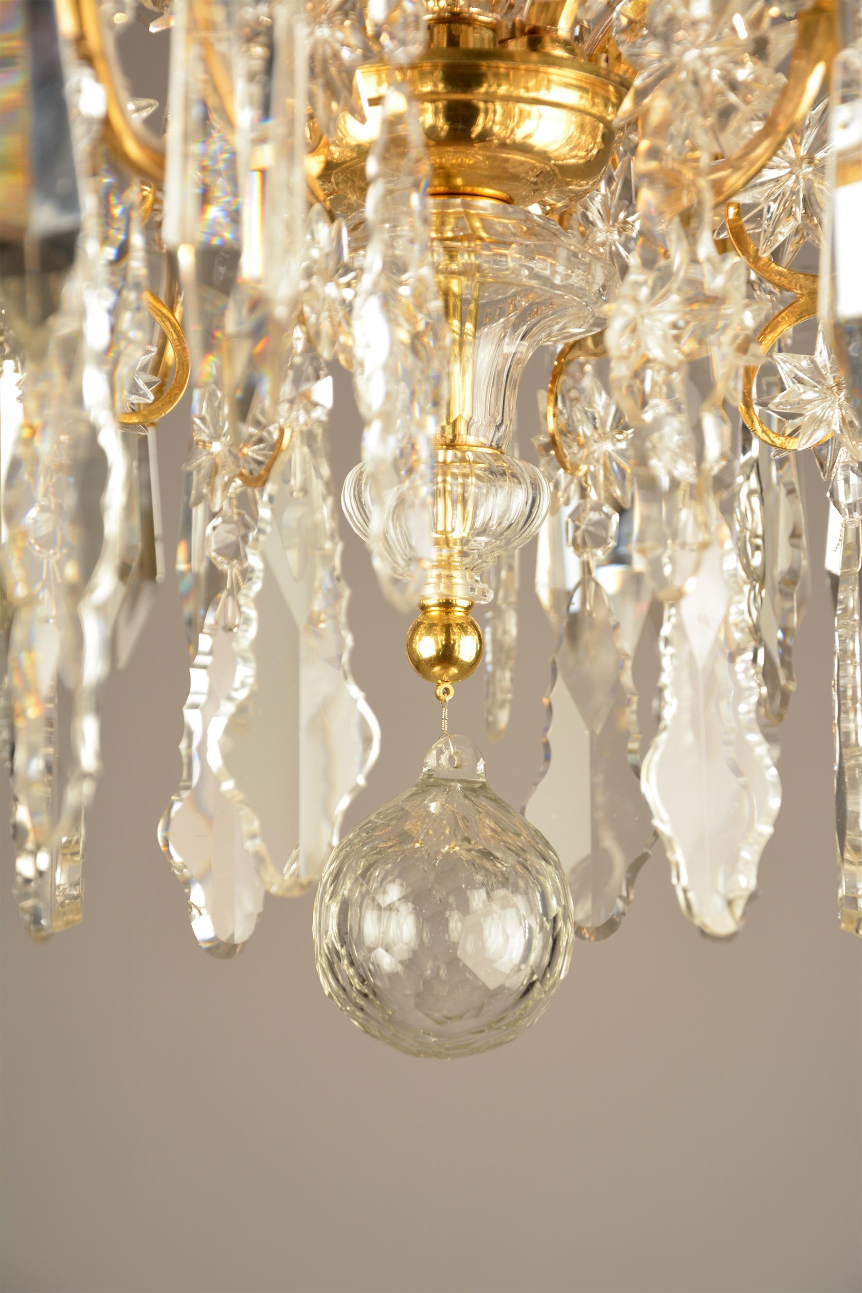 Brass 1880ies Lobmeyr Six-Arm Polished Antique Gold Chandelier with Hand-Cut Crystal For Sale