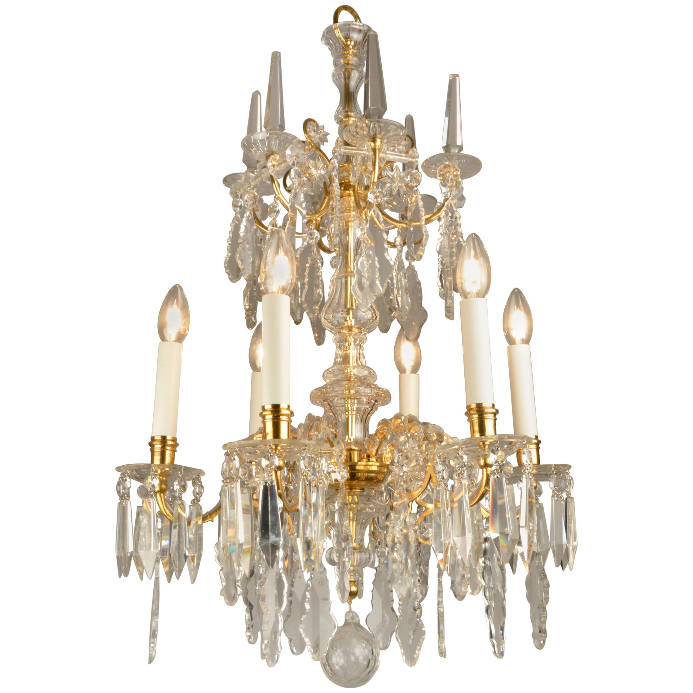 1880ies Lobmeyr Six-Arm Polished Antique Gold Chandelier with Hand-Cut Crystal For Sale