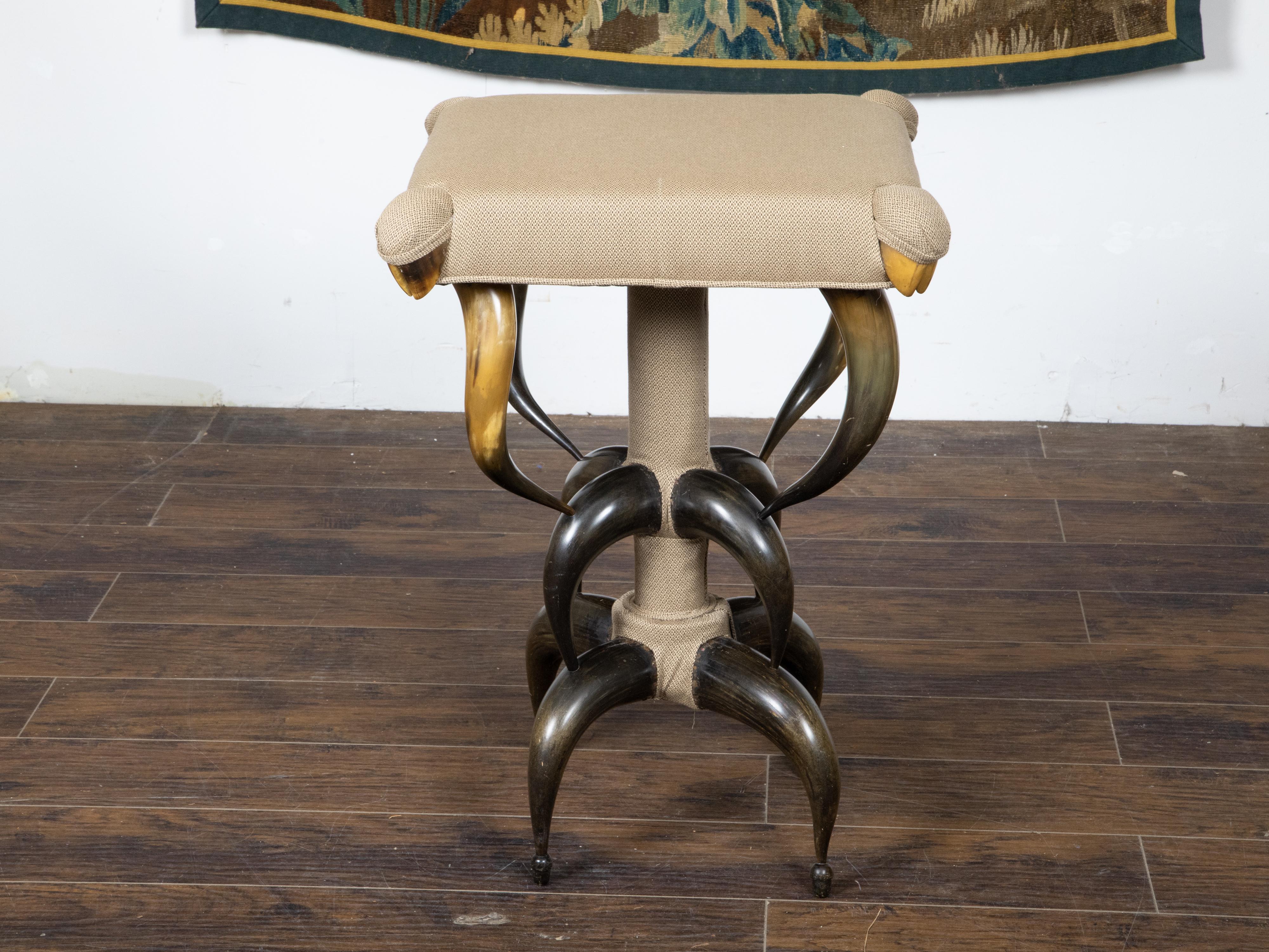 1880s American Horn Stool with Three-Tier Construction and Custom Upholstery In Good Condition For Sale In Atlanta, GA