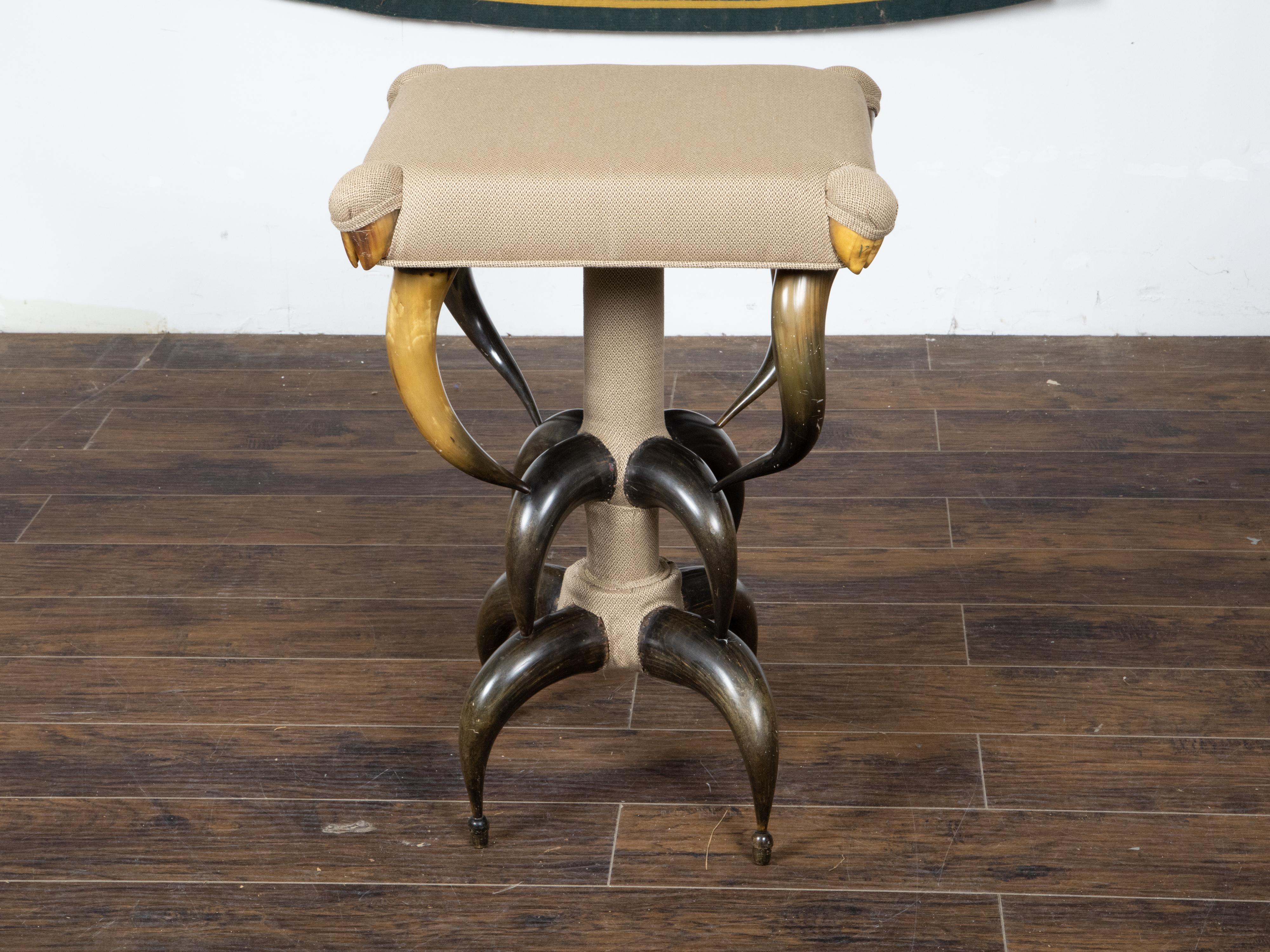 19th Century 1880s American Horn Stool with Three-Tier Construction and Custom Upholstery For Sale