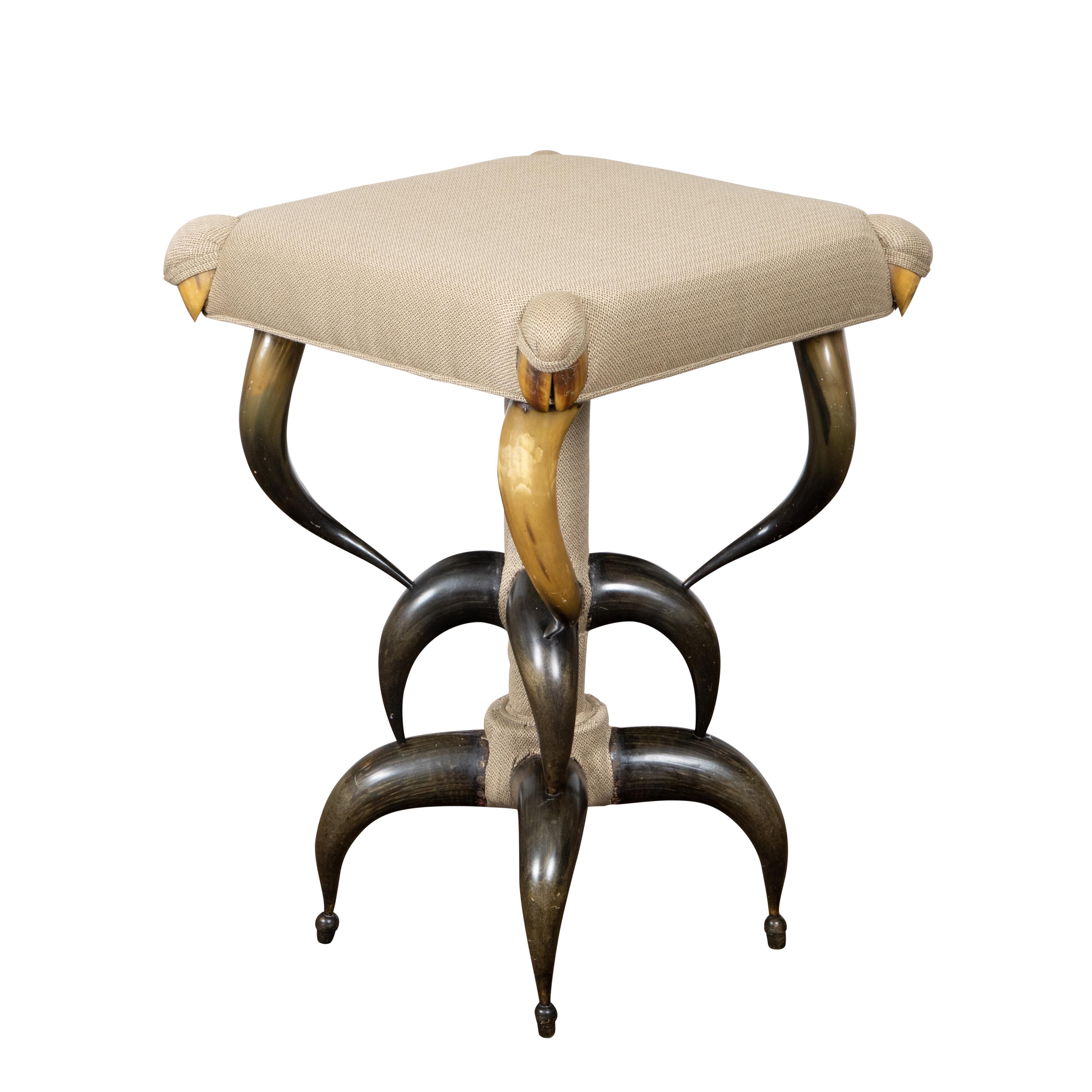 1880s American Horn Stool with Three-Tier Construction and Custom Upholstery For Sale 1