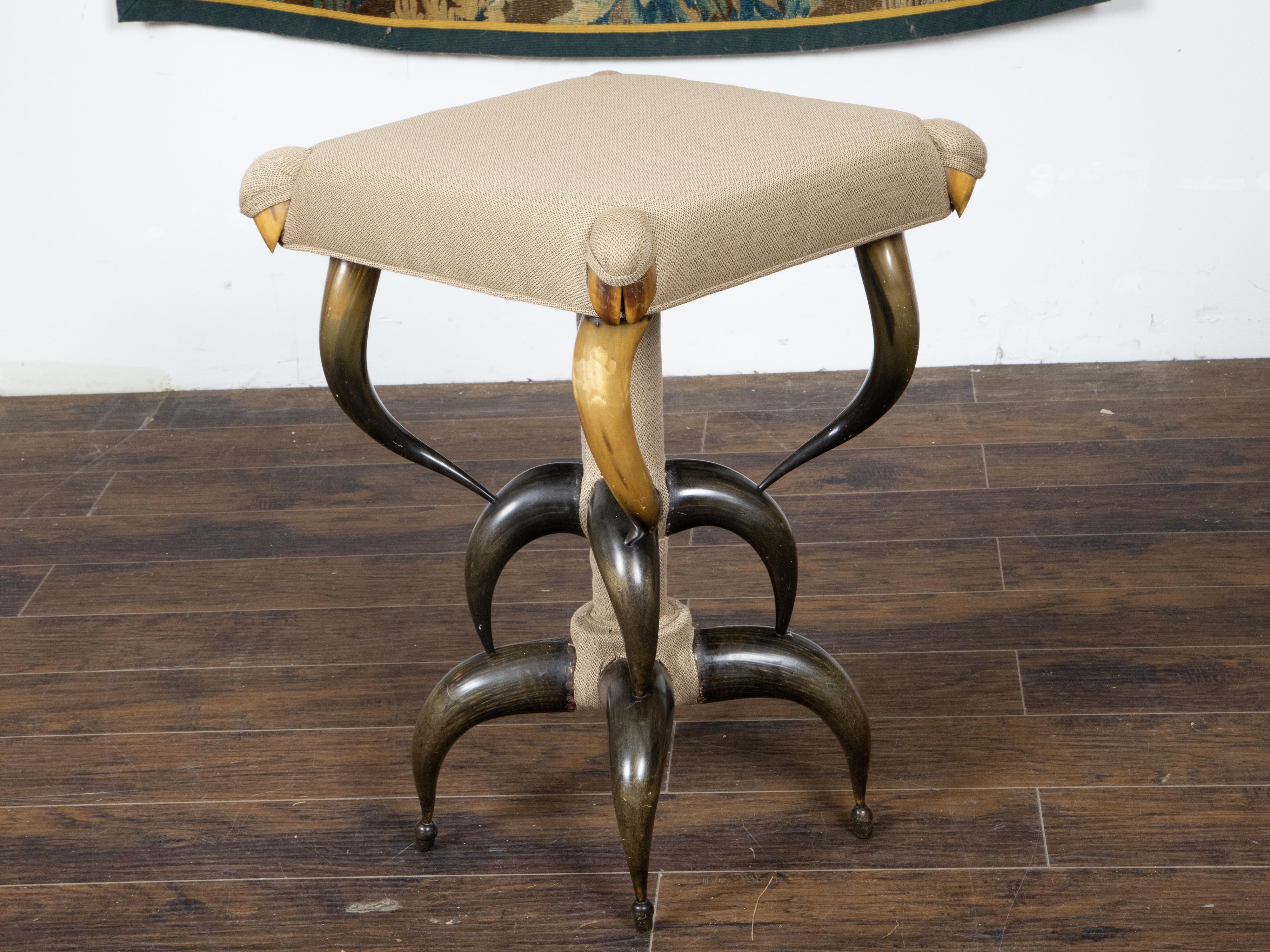 1880s American Horn Stool with Three-Tier Construction and Custom Upholstery For Sale 2