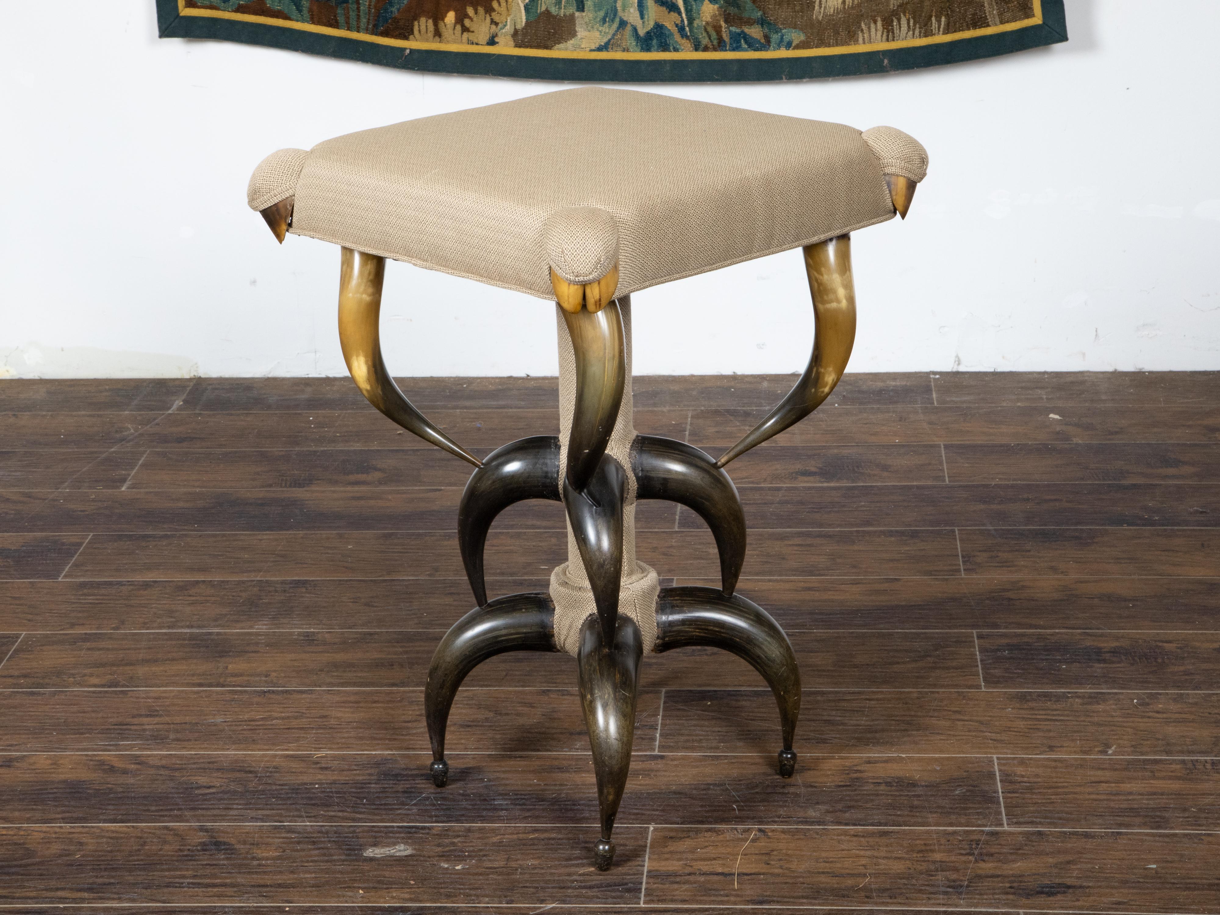 1880s American Horn Stool with Three-Tier Construction and Custom Upholstery For Sale 3