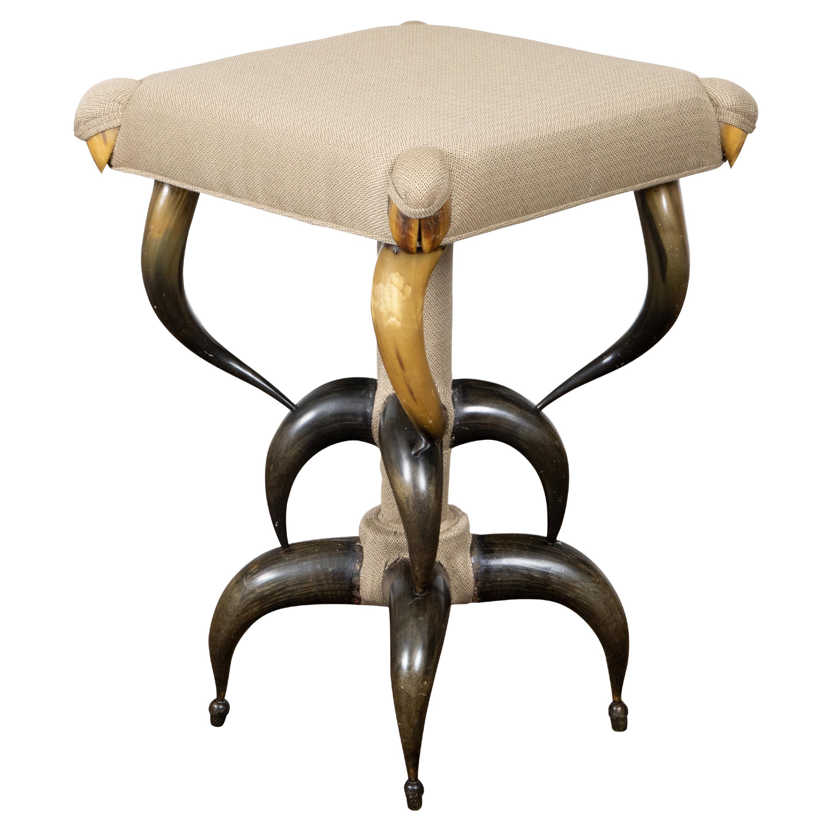 1880s American Horn Stool with Three-Tier Construction and Custom Upholstery For Sale