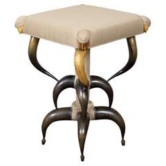 Antique 1880s American Horn Stool with Three-Tier Construction and Custom Upholstery