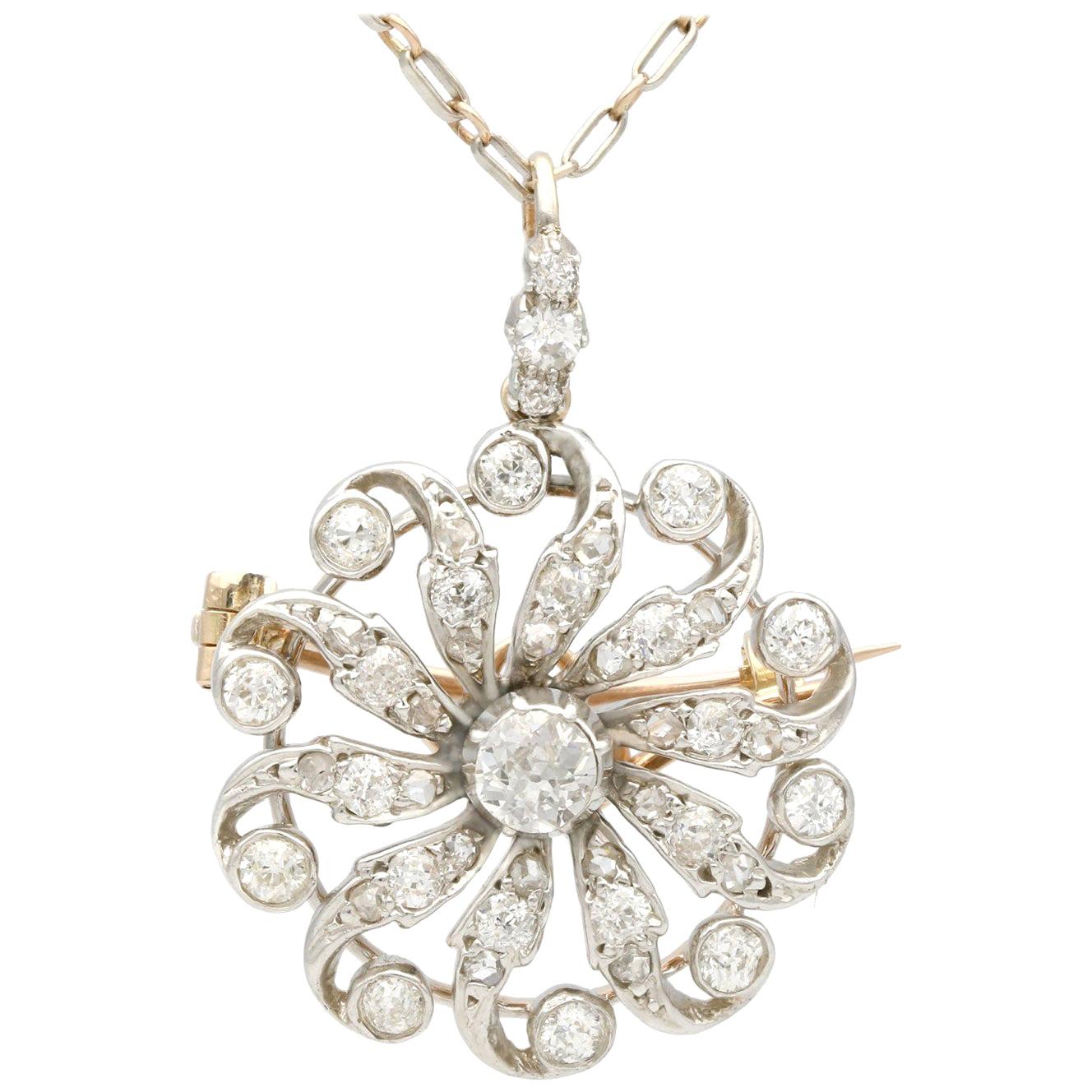 1880s Antique 1.79 Carat Diamond and Yellow Gold Pendant Brooch