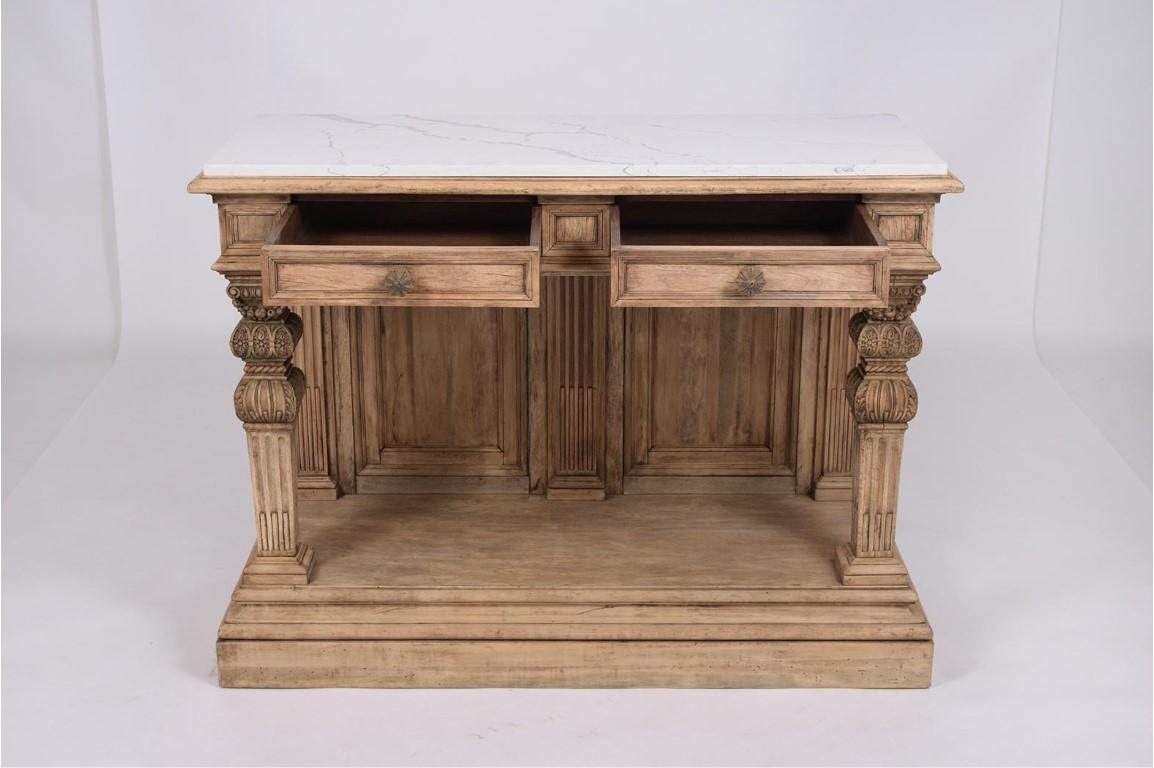 Dive into the elegance of yesteryears with our breathtaking antique Baroque carved console, a marvel of craftsmanship from the 1880s. This piece, skillfully crafted from walnut wood, has been lovingly restored by our expert craftsmen to stand in