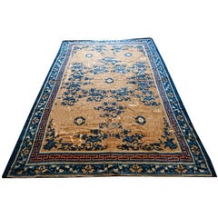 1880s Antique Beige Field Medallion Greek Key Handknotted Chinese Ningxia Rug