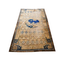 1880s Antique Camel Ground Geometric Foo Dog Knotted Chinese Ningxia Rug
