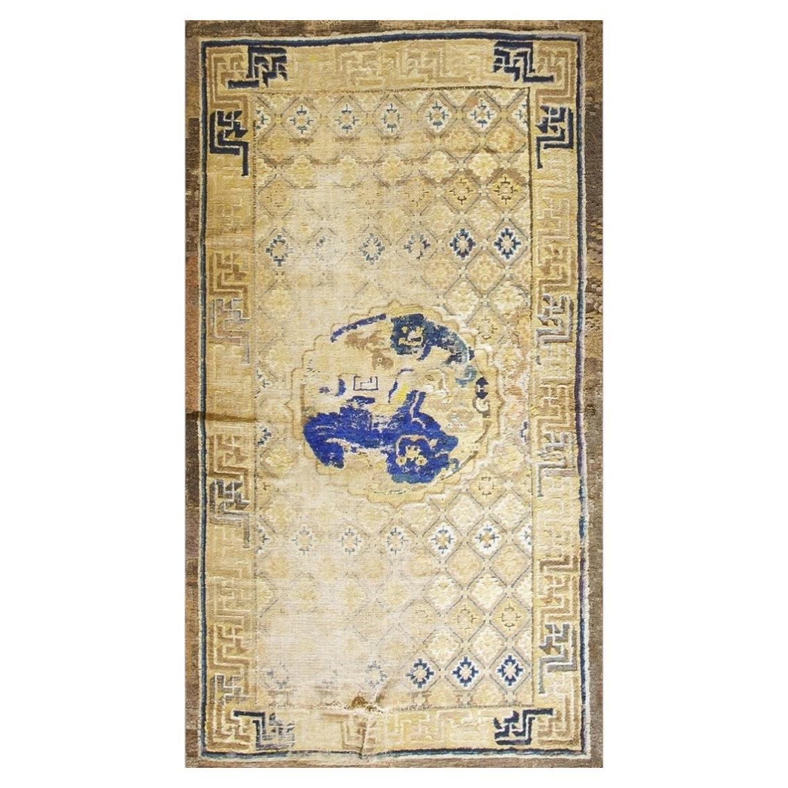 1880s Antique Camel Ground Geometric Foo Dog Knotted Chinese Ningxia Rug For Sale