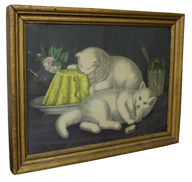 Victorian 1880s Antique Currier & Ives My Little White Kitties Kittens Taking the Cake For Sale