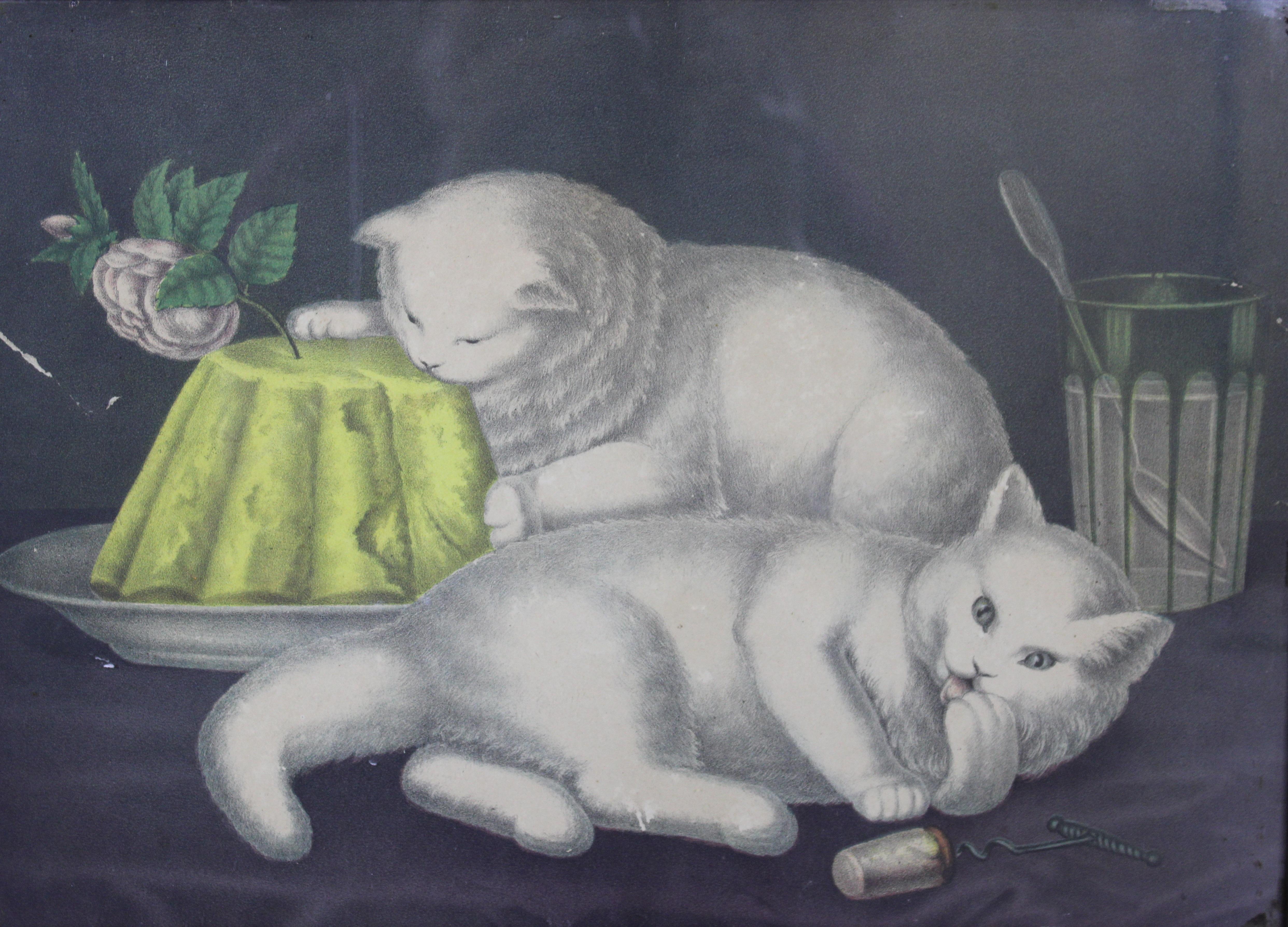 Late 19th Century 1880s Antique Currier & Ives My Little White Kitties Kittens Taking the Cake