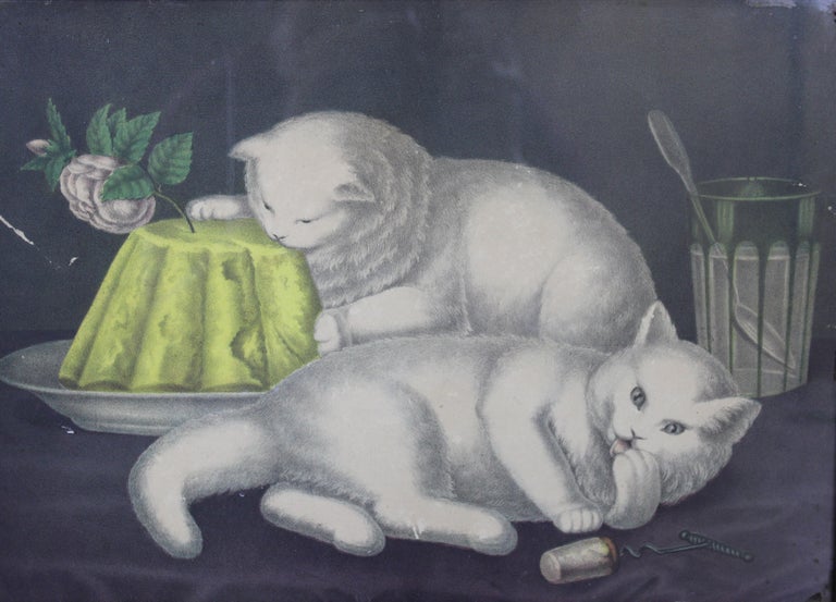 Late 19th Century 1880s Antique Currier & Ives My Little White Kitties Kittens Taking the Cake For Sale