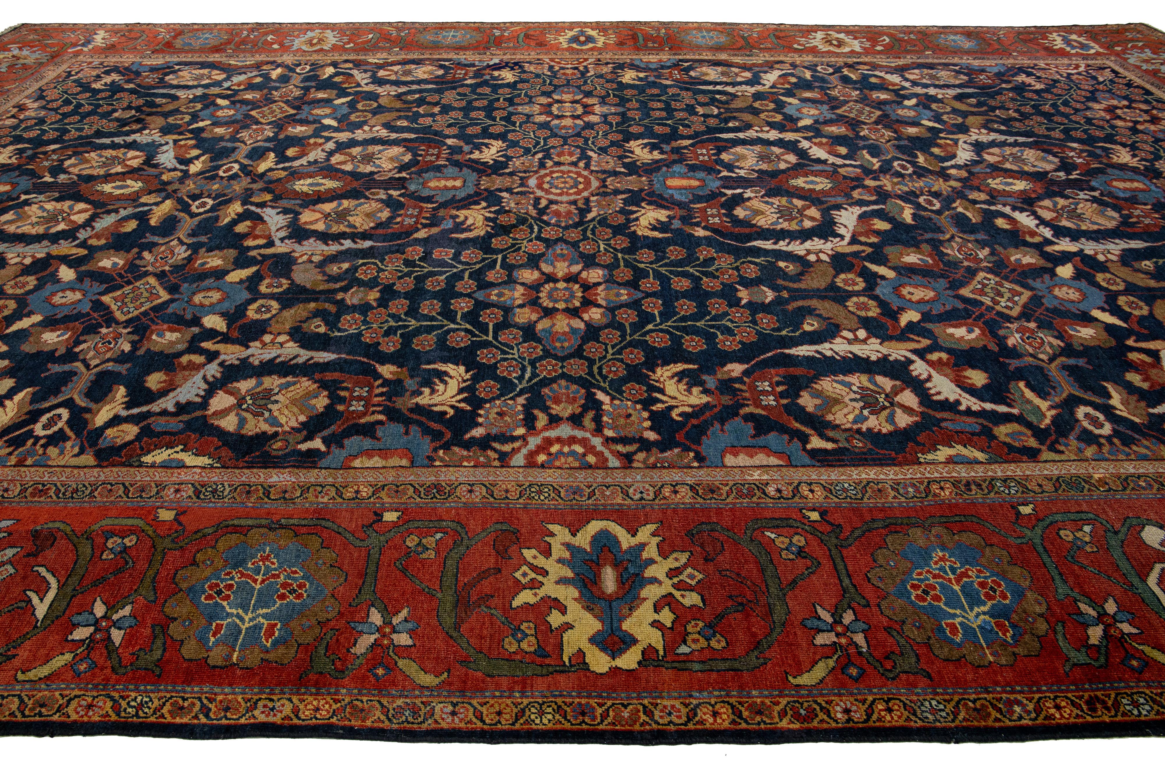 XIXe siècle Tapis persan Sultanabad à fleurs anciennes des années 1880 en laine bleu foncé en vente
