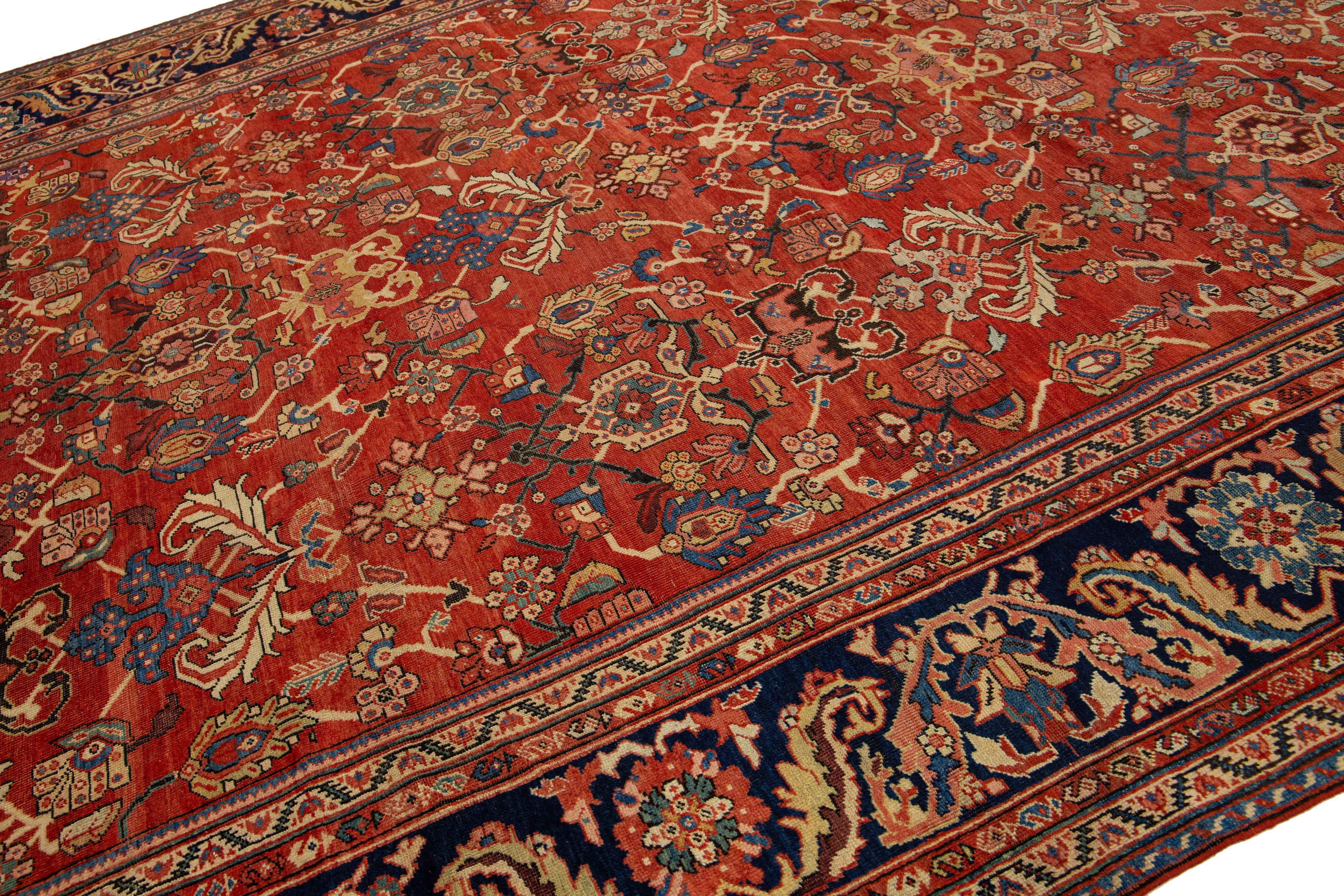 Hand-Knotted 1880s Antique Floral Persian Sultanabad Wool Rug In Red For Sale