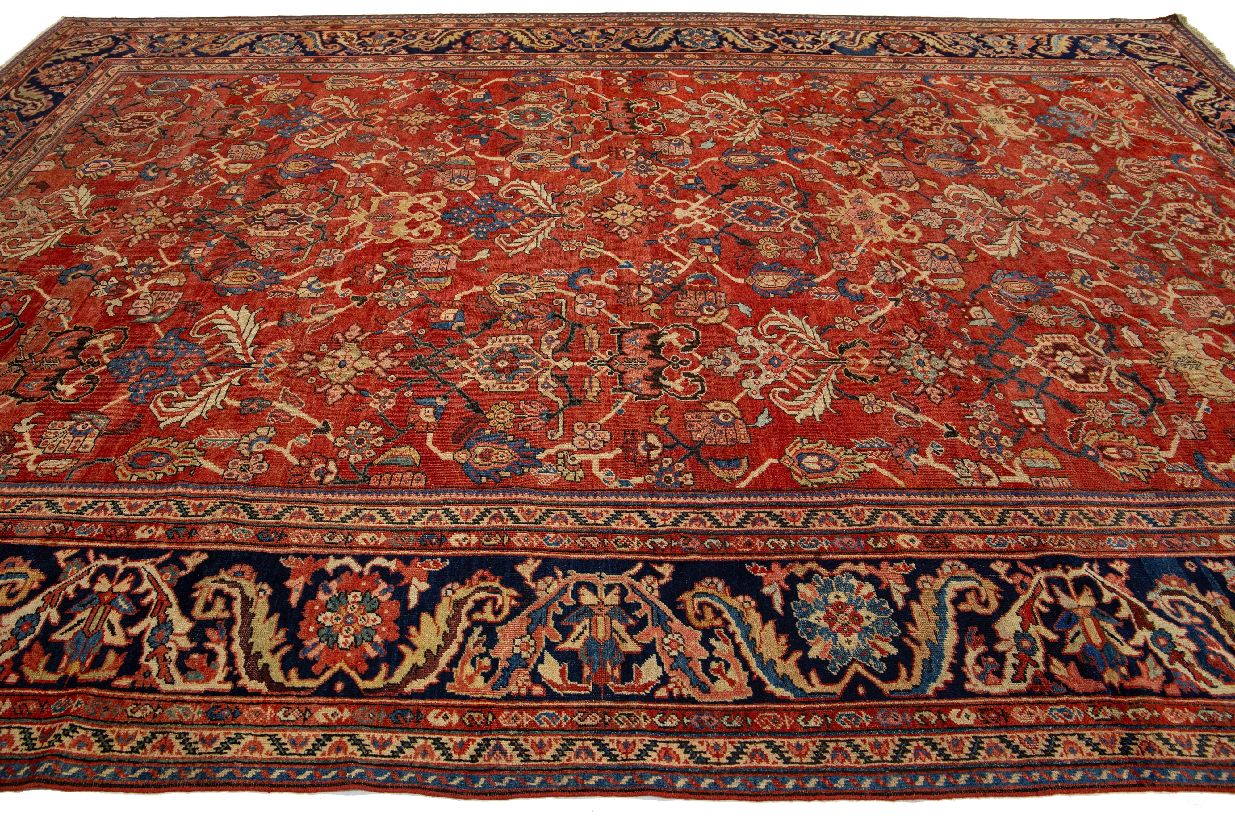Late 19th Century 1880s Antique Floral Persian Sultanabad Wool Rug In Red For Sale