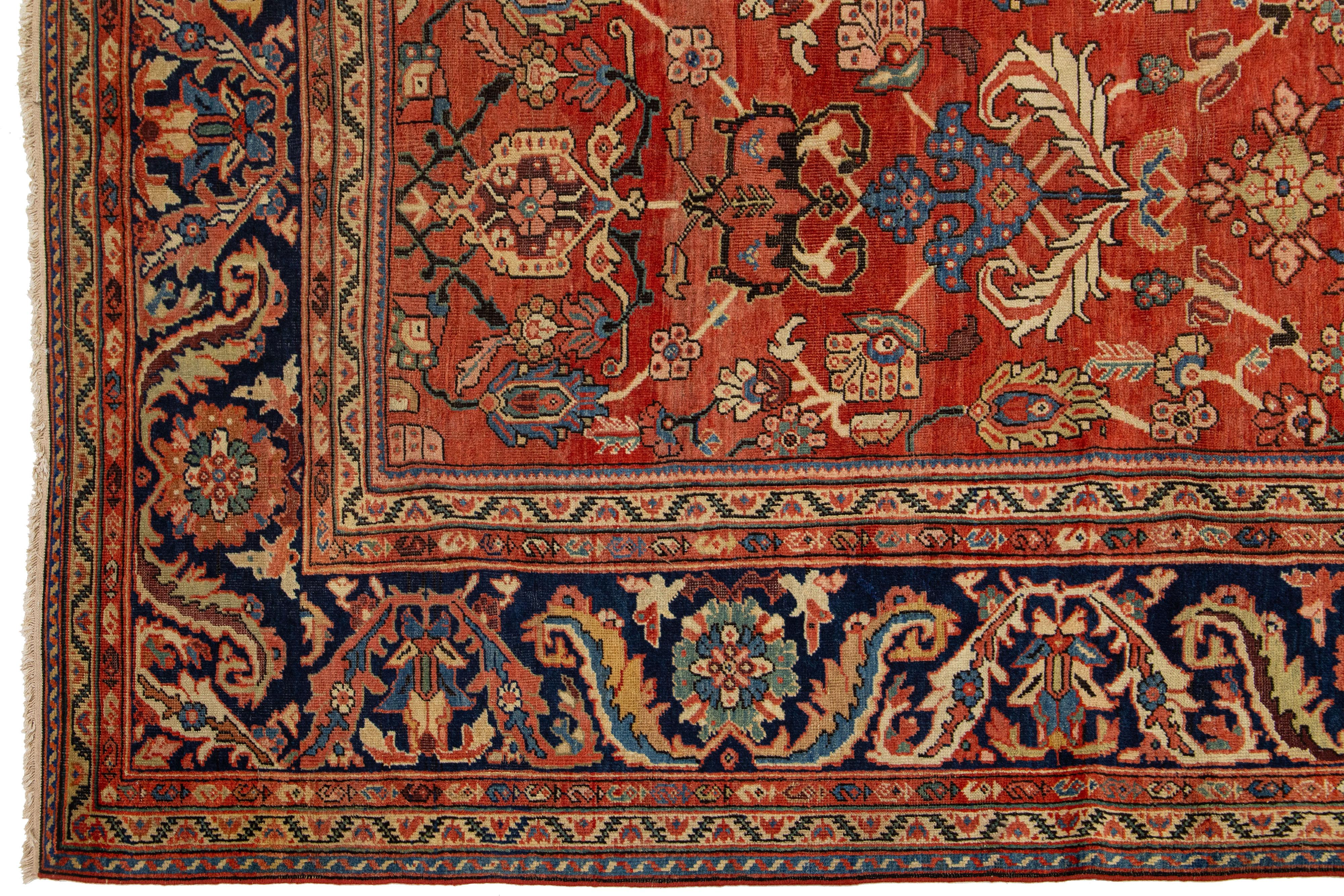 1880s Antique Floral Persian Sultanabad Wool Rug In Red For Sale 1