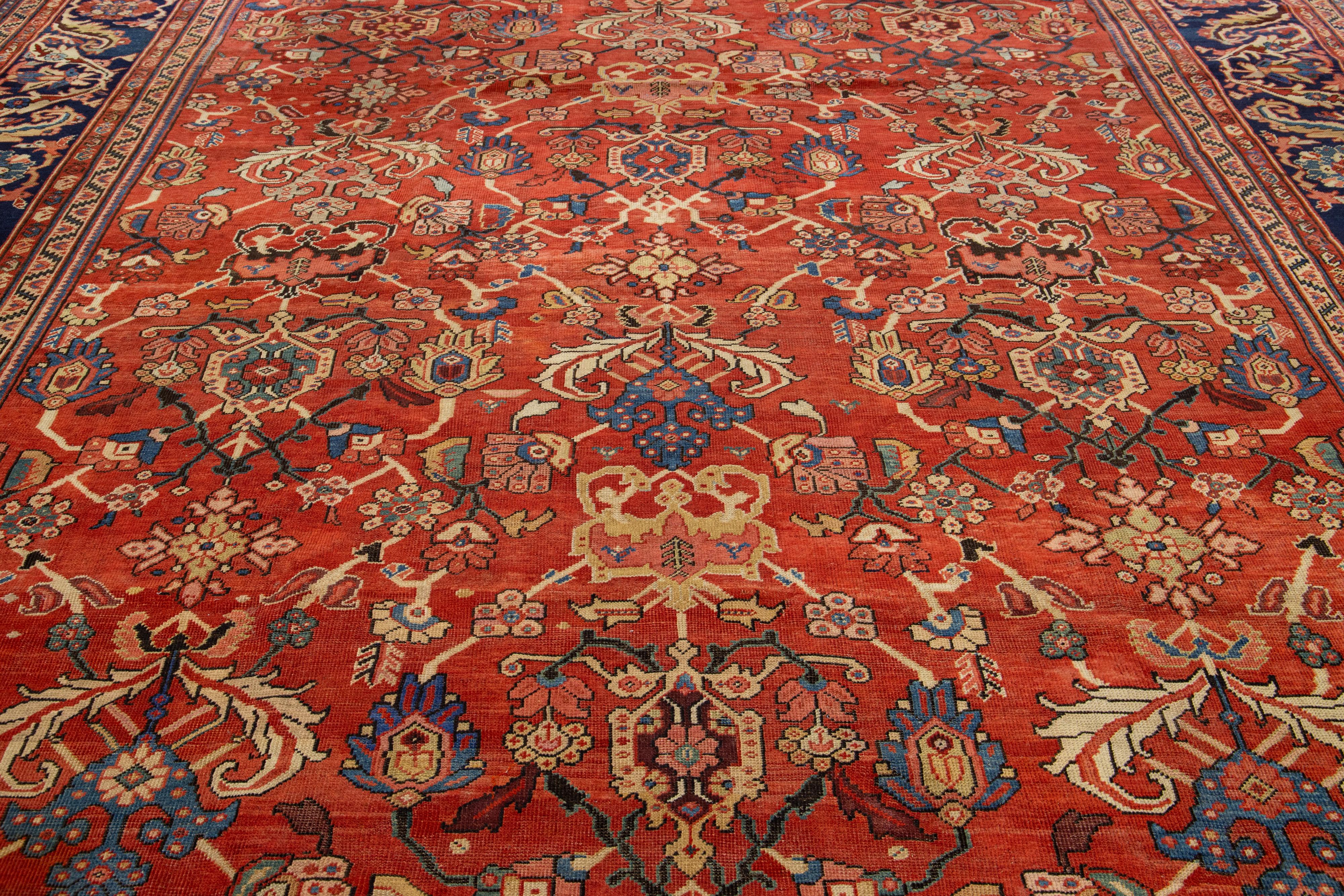 1880s Antique Floral Persian Sultanabad Wool Rug In Red For Sale 2