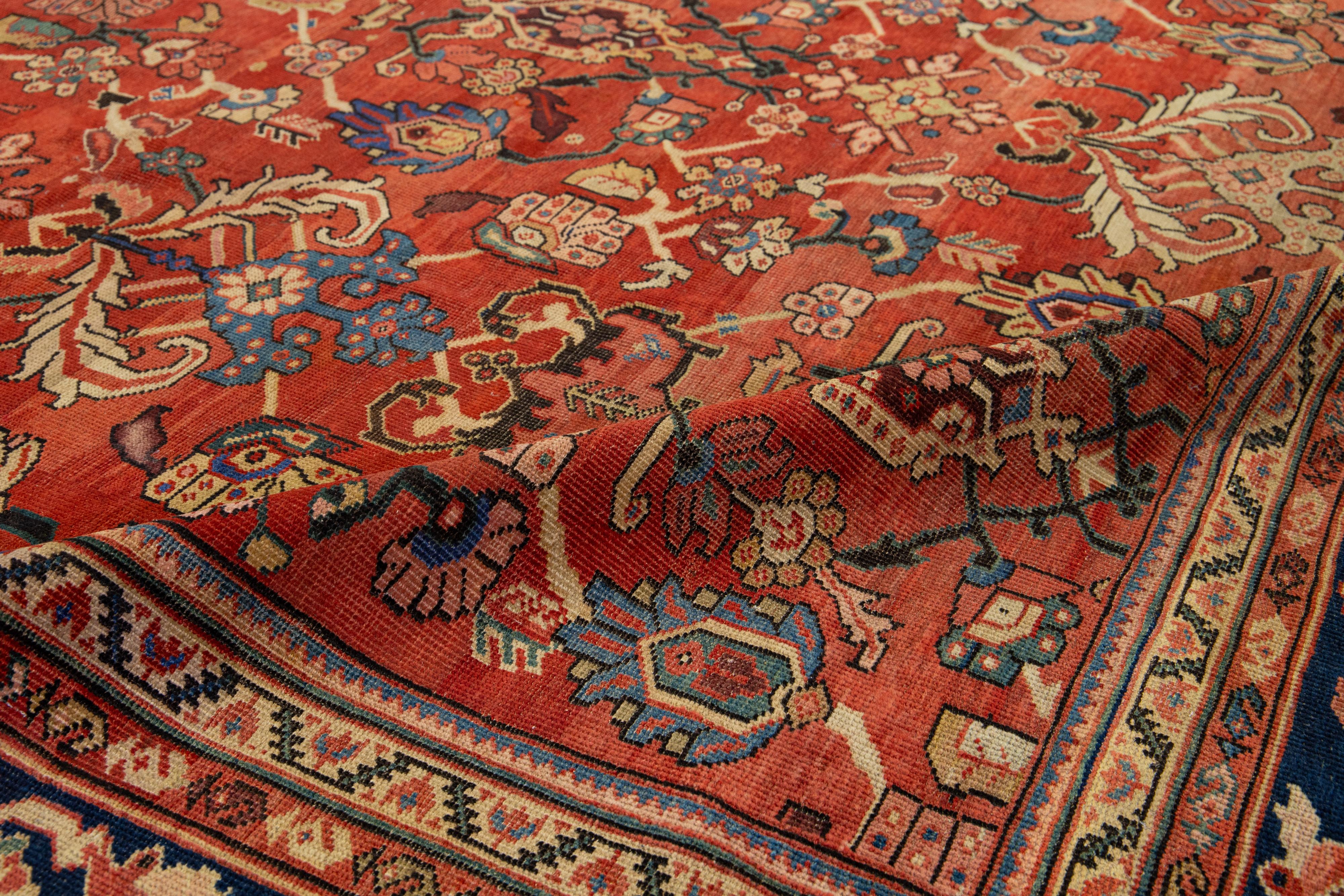 1880s Antique Floral Persian Sultanabad Wool Rug In Red For Sale 4