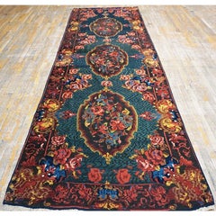 1880s Antique Green European Design Influences Caucasian Zeychor Runner Carpet