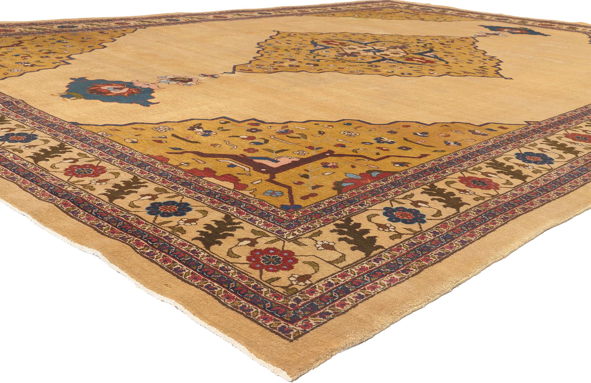 52657 Antique Indian Agra Rug, 10'02 x 13'07. 
Art Deco meets traditional elegance in this hand knotted wool antique Indian Agra rug. The rectilinear geometry and warm earth-tone colors woven into this piece work together resulting in a refined and