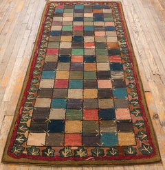 1880s Antique Multicolor Folk Art Checkerboard "X" Motif American Hooked Rug