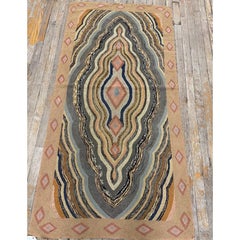 1880s Antique Multicolor Medallion Folk Art Cotton American Hooked Carpet Rug