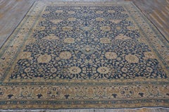 1880s Antique Navy Square Islimi Floral Finely Knotted Wool Persian Tabriz Rug