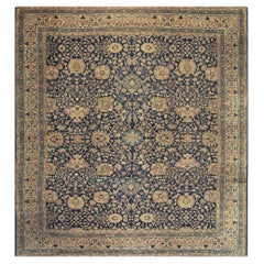 1880s Antique Navy Square Islimi Floral Finely Knotted Wool Persian Tabriz Rug