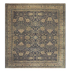 1880s Antique Navy Square Islimi Floral Finely Knotted Wool Tabriz Carpet Rug