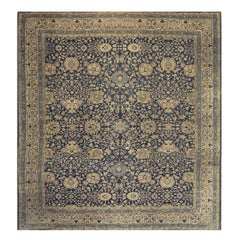1880s Antique Navy Square Islimi Floral Finely Knotted Wool Tabriz Carpet Rug