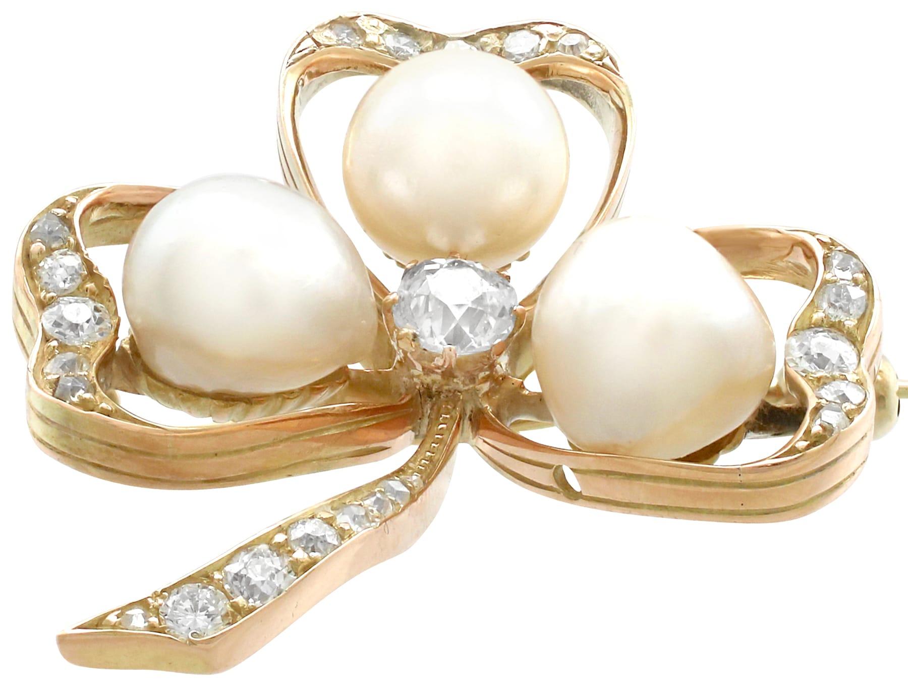 Old European Cut Victorian Pearl and 1.05 Carat Diamond Yellow Gold Clover Brooch For Sale