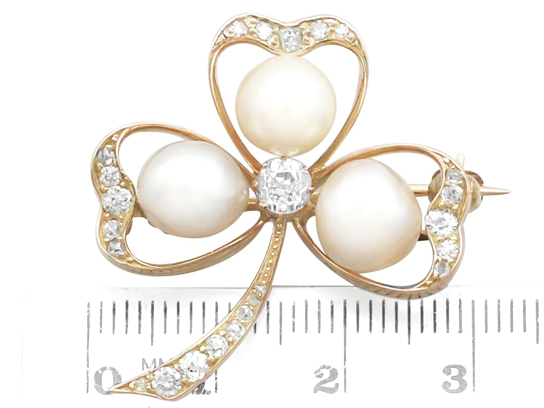 Victorian Pearl and 1.05 Carat Diamond Yellow Gold Clover Brooch For Sale 3